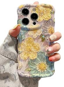 EYZUTAK Case for iPhone 15 Pro, Colorful Retro Oil Painting Flower Laser Glossy Cute Curly Wave Edge Case Stylish Durable Soft TPU Protective Phone Cover for Girl Women - Yellow Flower/ Purple