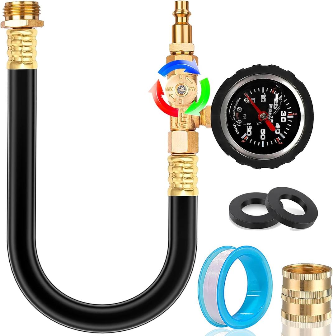 Upgraded RV Water Blow Out Winterizing Kit Sprinkler Winterization Hose with Oil Filled Pressure Gauge Compressor Winterize Adapter Plug, for Camper, Boat, Travel Trailer, Motorhome, Faucet (Black)