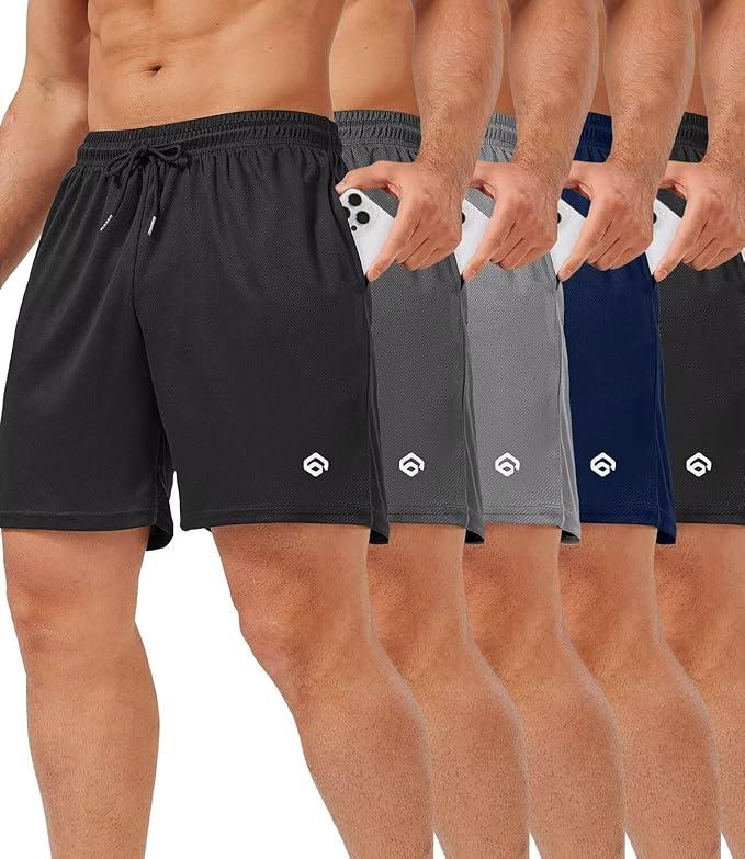 lomsoe 5 Pack Gym Shorts Men 5 Inch Quick Dry Mesh Shorts Men Lightweight Training Athletic Running Shorts with Pockets(Black,black,dark Gray,navy,light Gray,2XL)