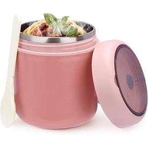 Juome 16oz Kids Thermo for Hot Food - Insulated Vacuum Food Jar Container, Wide Mouth Stainless Steel Soup Thermo Lunch Box for Kids with Spoon, Leakproof (Pink)