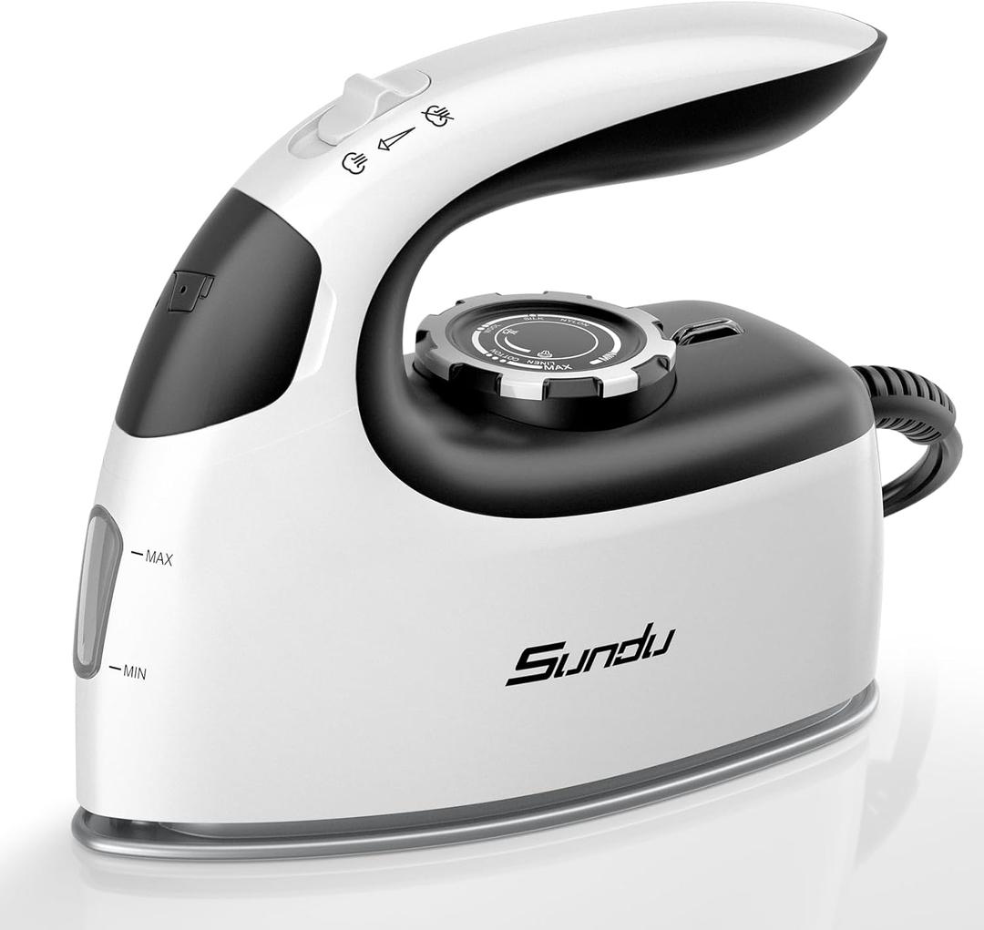 Sundu Mini Travel Steam Iron, 1000W Portable Small Iron with Non-Stick Plate, 300 Steam Holes, 90ml Tank, Safety Base & Digital Temp Control for Quilting Sewing Black White