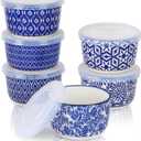 Selamica 6 oz Ramekins with Lids Oven Safe, Creme Brulee Ramekins Souffle Dishes with Covers, Pudding Custard Cups Stackable Ceramic Mini Ramekin Bowls Set for Baking, Dipping, Set of 6, Vintage Blue