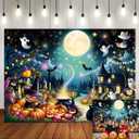 Cartoon Halloween Backdrop Cute Ghost Pumpkin Full Moon Night Magic Cauldron Bat Castle Forest Photography Background Kids Adults Birthday Party Decoration Banner Photo Props (7x5FT)