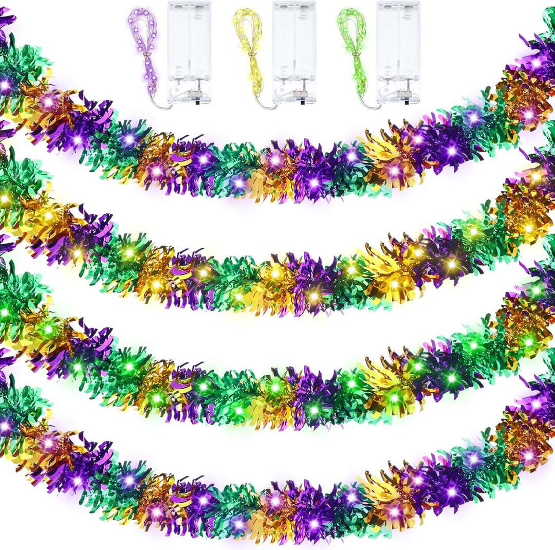 Boao 6 Pcs/39 ft Mardi Gras Decoration Tinsel Garland with LED Light 6.5 ft Each Mardi Gras Metallic Streamers Battery Operated Lighted Hanging Decor for Carnival Party Supply(Battery Not Include)