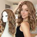 AISI HAIR 18 inch Caramel Highlight Brown Wig for Women Medium Length Wave Curly Glueless Synthetic Heat Resistant Hair Wigs for Daily Party Cosplay