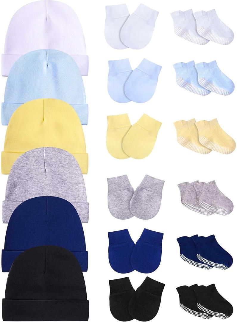Baby Hats Mittens and Socks Set Unisex Cotton Beanie Cap and Scratch Mitten Non-Slip Baby Ankle Socks for Boys and Girls (White, Black, Grey, Light Blue, Navy Blue, Beige)