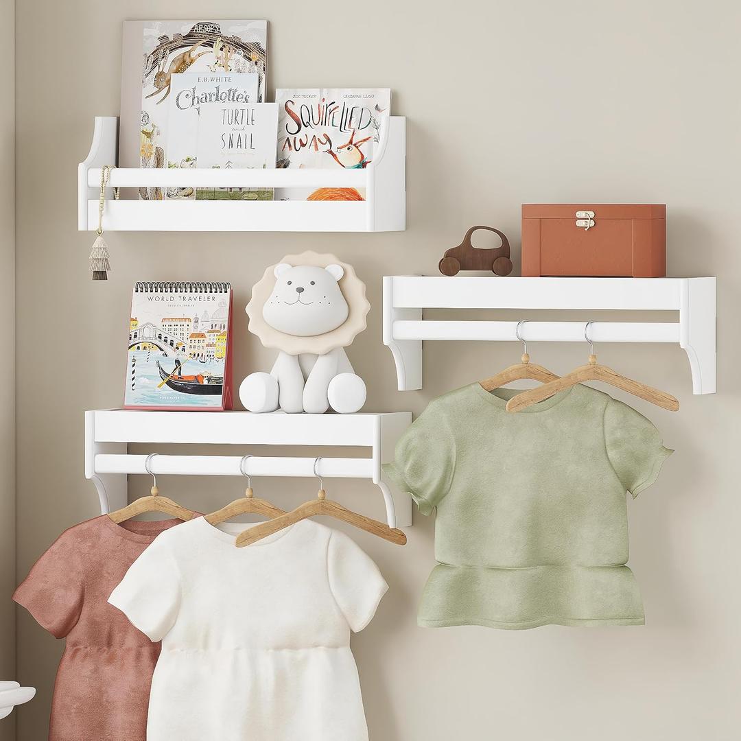 UTEX Floating Nursery Book Shelves Set of 3, Baby Hanging Bookshelves for Wall Decor and Storage, Wall Mounted Book Shelf for Kids Room, Nursery, Playroom, Bedroom, 16.3 Inch, White, SS24-UTX-K065W, 16.3"W x 5"D x 5.9"H