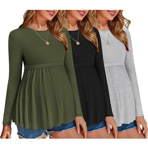 Ekouaer Maternity Shirts 3 Packs Pleated Long Sleeve Tops Tunic Casual Pregnancy Clothes, L