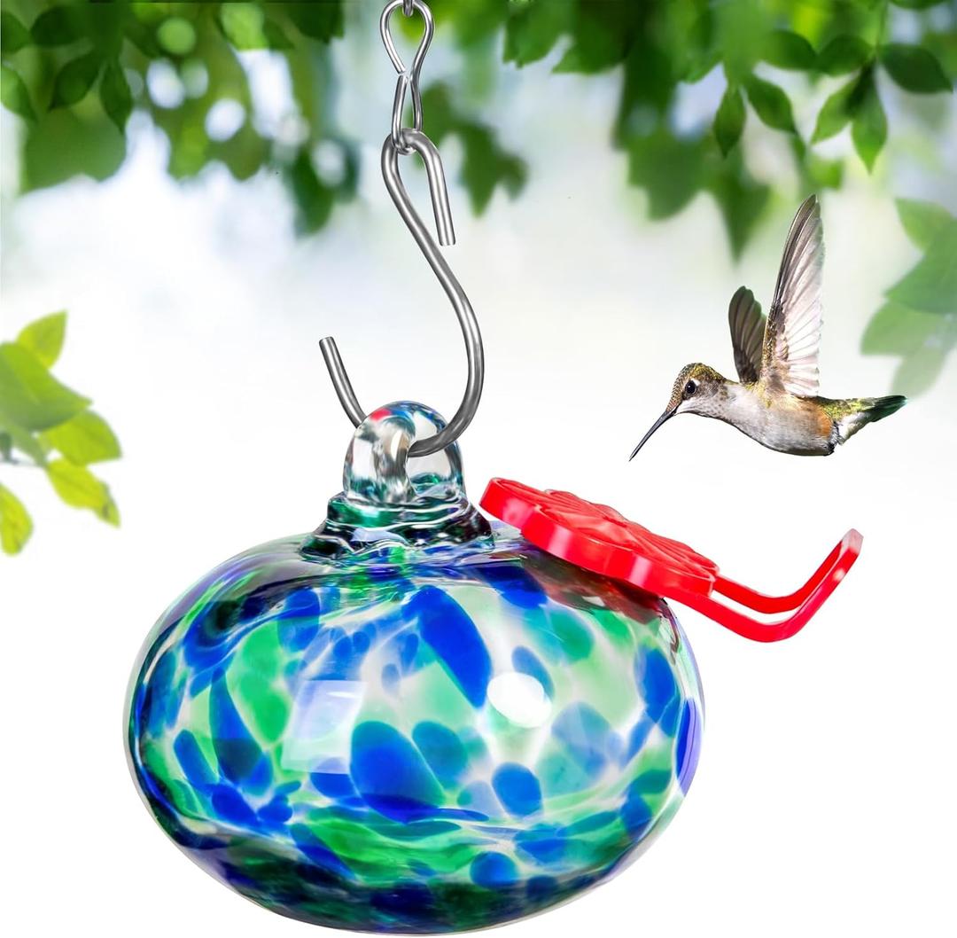 Small Hummingbird Feeder for Outdoors,Hand Blown Glass Humming Bird Feeders with Perch,Leak-Proof,Perfect for Windows, Gardens, Patios & Backyard (Dotted Blue)