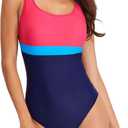 Womens One Piece Swimsuit Scoop Open Back Athletic Training Swimwear Color Block Sport Bathing Suit (S)