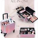 Adazzo 3 in 1 Professional Rolling Makeup Train Case Aluminum Trolley Case with 360° Rotation Wheels for Makuep Artist Cosmetic Suitcase Organizer with Lock and Key Diamond Pattern - Pink