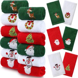 18 Pieces Christmas Hand Towels for Bathroom Kitchen - Embroidered Santa, Reindeer, Snowman, Tree Dish Towels - Soft Green, Red, White Fabric Decorative Towels Gift Set