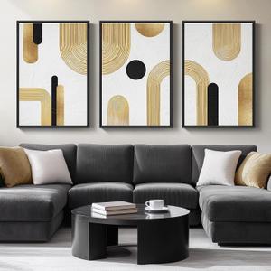Large Framed Gold Abstract Geometric Wall Art for LIving Room, 3 Piece Modern Canvas Prints Paintings Artwork for Walls, Minimalist Black White Gold Pictures for Hallway Office Wall Decor 24x36 Inch, 24" W x 36" H x 3Pcs
