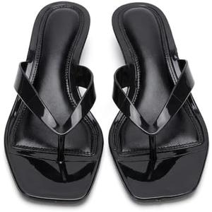 Jelly Thong Sandals for Women Clear Flip Flop Kitten Heel Sandals Slip on Square Toe Transparent Low Heel Summer Dress Shoes, Black Size 8