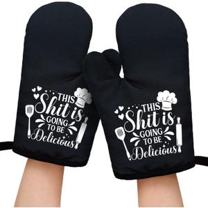 2 x This Sxxt is Going to be Delicious Funny Black Oven Mitts with Hanging Loop and Silicone Non-Slip, Women Men Cooking Baking BBQ Utensils 2-Piece Set, Gifts for Chef Bakers Wife BFF