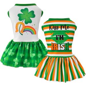 2-Pack Dog Dresses St. Patrick's Day Dog Dress with Lucky Shamrock Pattern Green Plaid Dog Skirt Stripe Puppy St. Patrick's Day Dress Clothes Outfit for Small Medium Dogs S