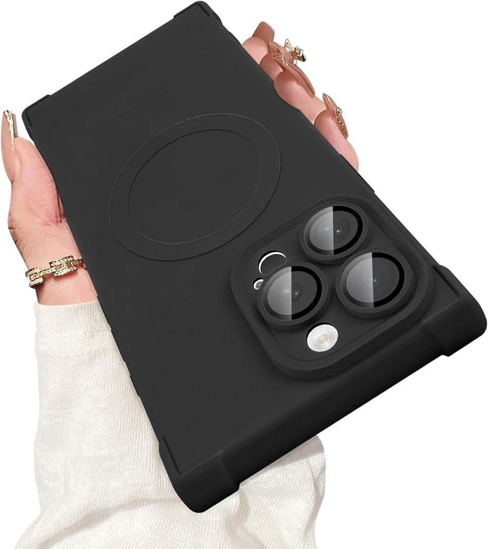Magnetic for iPhone 16 Pro Max Case Rectangle, with Camera Lens Protector, Compatible with MagSafe, Shockproof Military-Grade Protection, Soft Silicone Cover for Women Men, Black