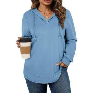AlvaQ Womens Plus Size Sweatshirts Casual Long Sleeve V Neck Drawstring Hoodies Tops (Blue, XXL)