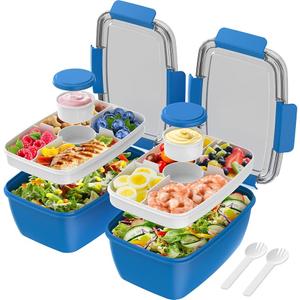 Cherrysea 2Pack Salad Lunch Container, 68oz Salad Bowls with 4 Compartments Tray,Leak Proof Lunch Box with Fork for Men,Women BPA-Free Snack Box with Sauce Container for Dressings - Blue