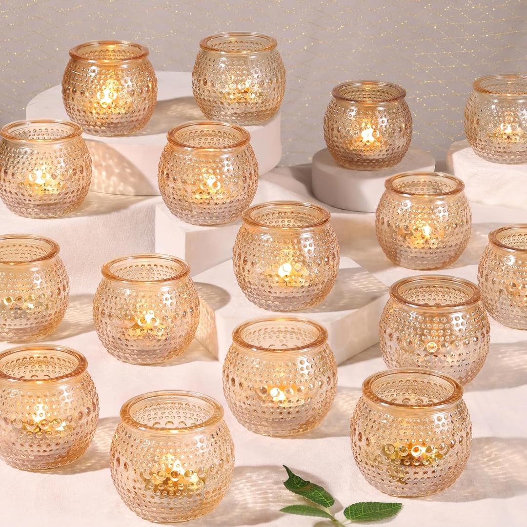 16 Pcs Gold Tea Light Candle Holders, Round Votive Candle Holders with Polka Dot Embossed, Gold Table Centerpiece for Weddings, Home Decor, Baby Shower, Special Occasions