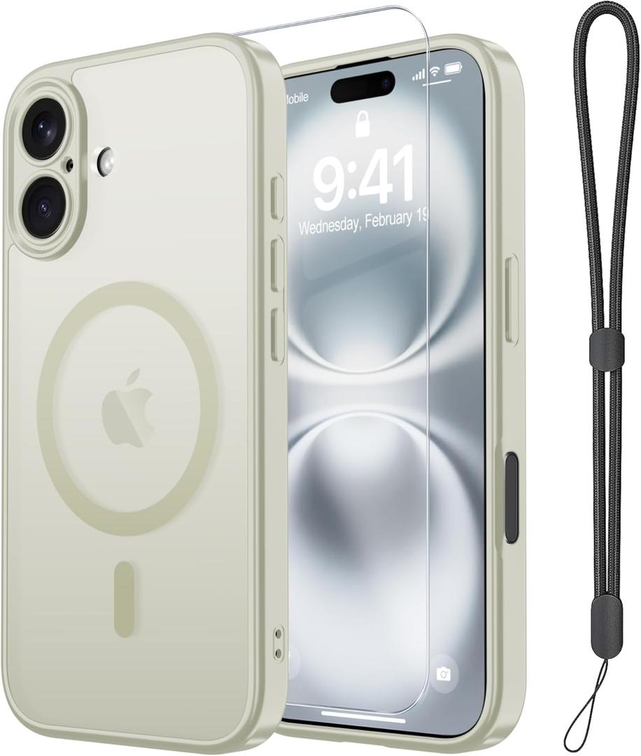 Janmitta Magnetic for iPhone 15 Case,with Screen Protector+Wrist Strap,Compatible with MagSafe,Camera Protection,Military Grade Drop Protection,Slim Translucent Matte Phone Cover,White