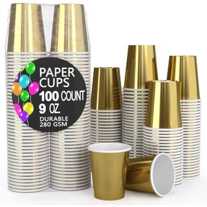 Exquisite Party Solids Gold Paper Cups 9 oz Durable Disposable Cups 100 Paper Tumblers for Hot Drinks and Cold Drinks Thick 280 GSM Hot Cup for Tea & Coffee Cup To Go Fun Colors for Parties & Events