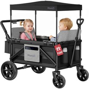 Wagon Stroller for 2 Kids, Collapsible Wagon Stroller with Removable Canopy, Foldable Stroller Wagon with 2 Seater and Storage Pocket for Baby Toddlers Black