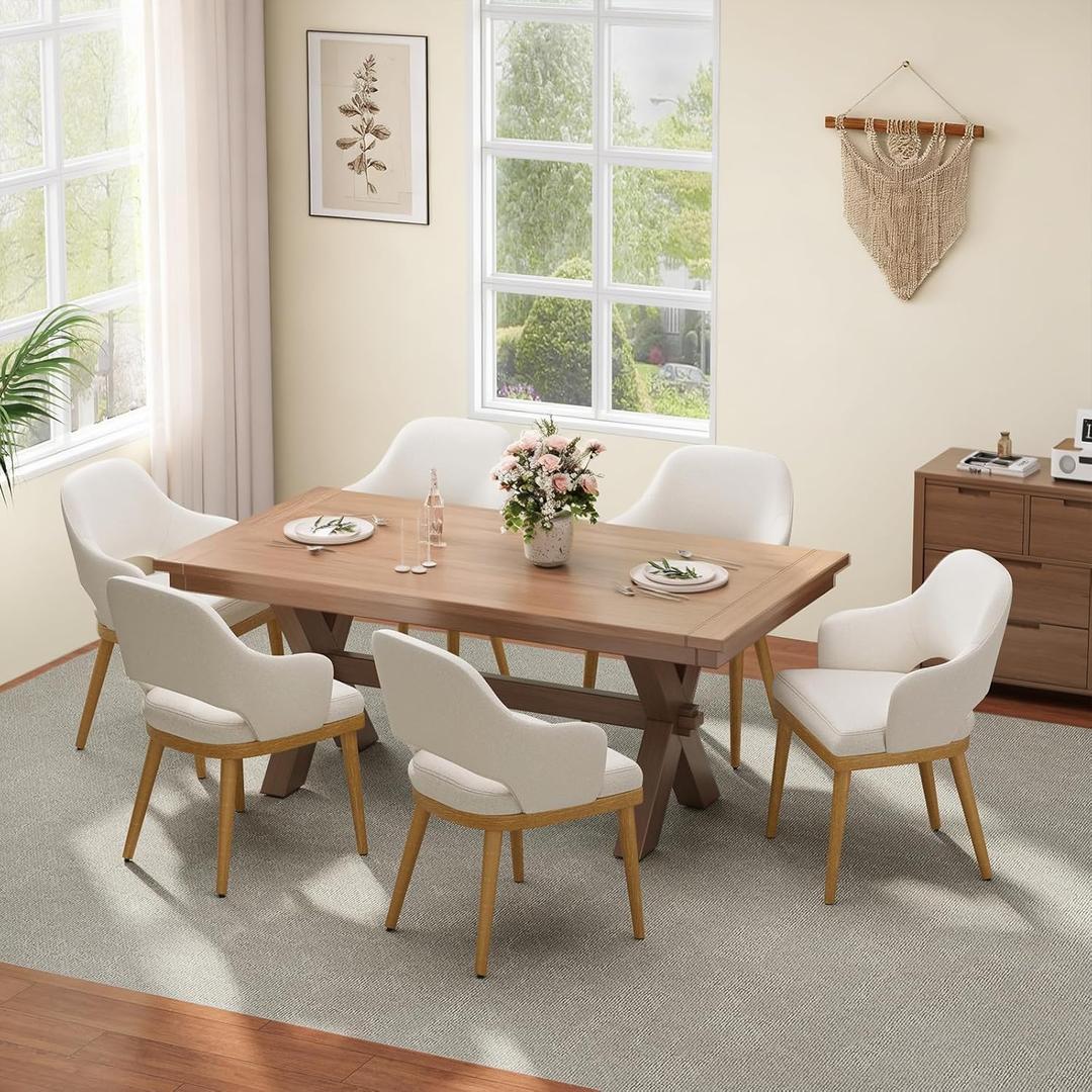 MALOL Wooden Dining Chairs Set of 6, Modern Fabric Upholstered Dining Room Chair, Kitchen Side Chairs, Farmhouse Dinner Chair with Open Back for Kitchen, Beige