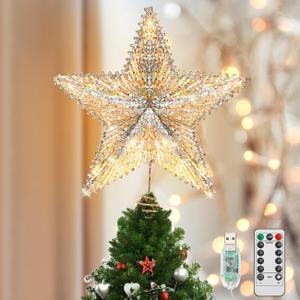 Luxspire Christmas Tree Topper, 3D Lighted Christmas Tree Star with Remote & USB, 9.8" Star for Christmas Tree Top, Holiday Decorations, 6H Timer & 8 Lighting Modes, Champagne Gold