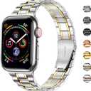 MioHHR Solid Stainless Steel Band Compatible with Apple Watch 45mm, Metal Strap with Soft TPU Case for iWatch Series 9 8 7 45mm Women and Men, Silver/Gold