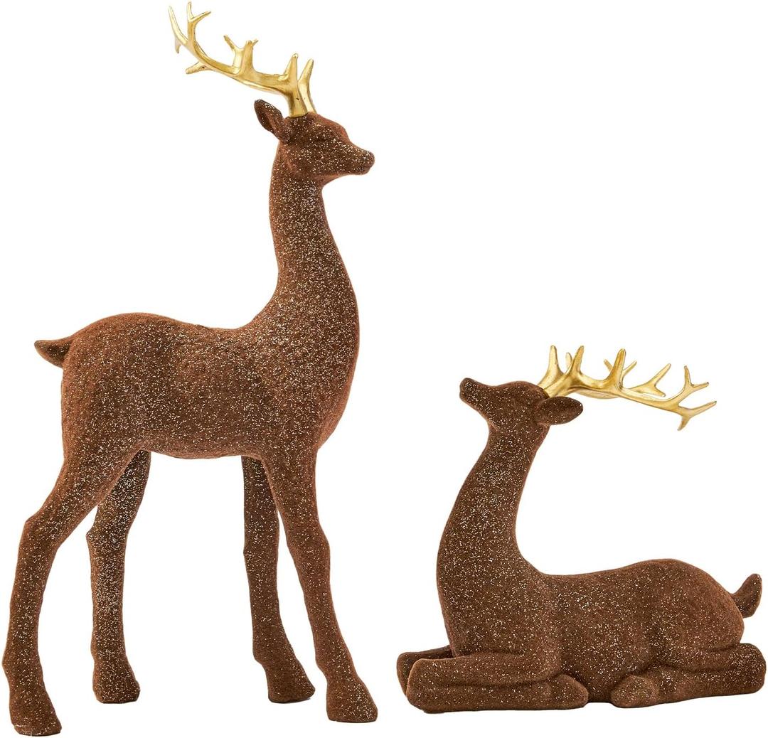 DN DECONATION Christmas Decorations Reindeer Figurines, Deer Decor Statues with Gold Antlers, 2PCS Flocked Brown Reindeer Xmas, Decorations for Christmas Village Table Top Mantle Winter Room Decor