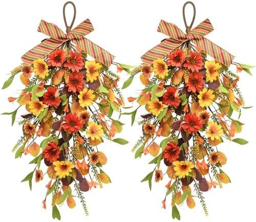 nuvagiki Fall Decor Fall Sunflower Swag Decorations for Home Indoor, 2Pcs Artificial Fall Flower Decor for Front Door, Autumn Floral Hanging Wreath for Thanksgiving Window Wall Decor