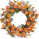 Fall Front Door Sunflower Wreath Orange, 20 Inch Autumn Wreath Farmhouse Porch Decor, Fall Wreaths for Front Door Outside, Indoor Outdoor Wreath for Harvest Thanksgiving Wedding