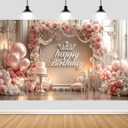 Pink Happy Birthday Backdrop, Elegant Princess Theme Party Decoration with Rose Gold Balloons & Crown, Photography Background Banner for Girls Women Birthday Party Photo Booth Props, 8ft x 6ft
