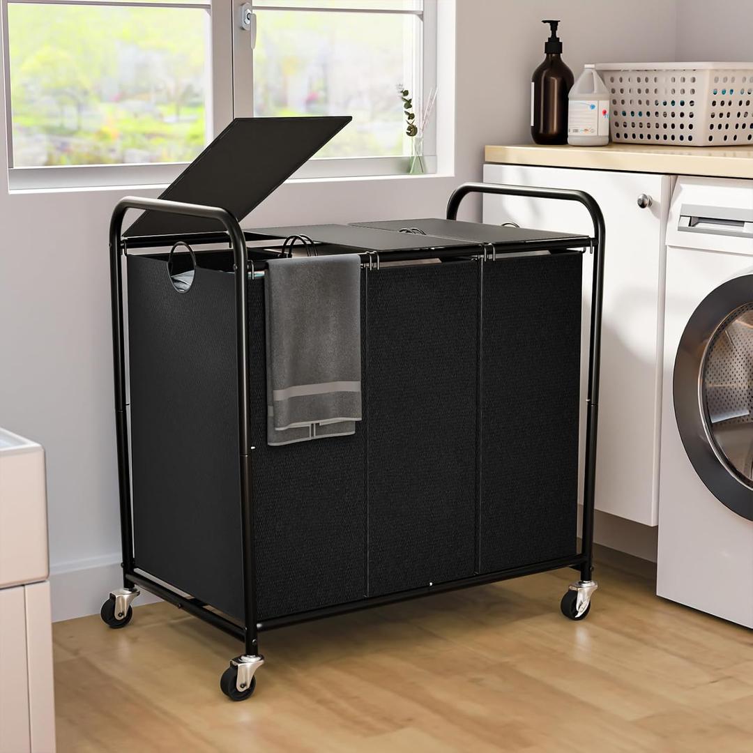 180L (47.55 Gal) Laundry Sorter 3 Section, Rolling Laundry Basket with Lockable Wheels and Lid, Laundry Hamper with 3 Separated Removable Bags Dirty Clothes Hamper for Laundry Room Organizer, Black