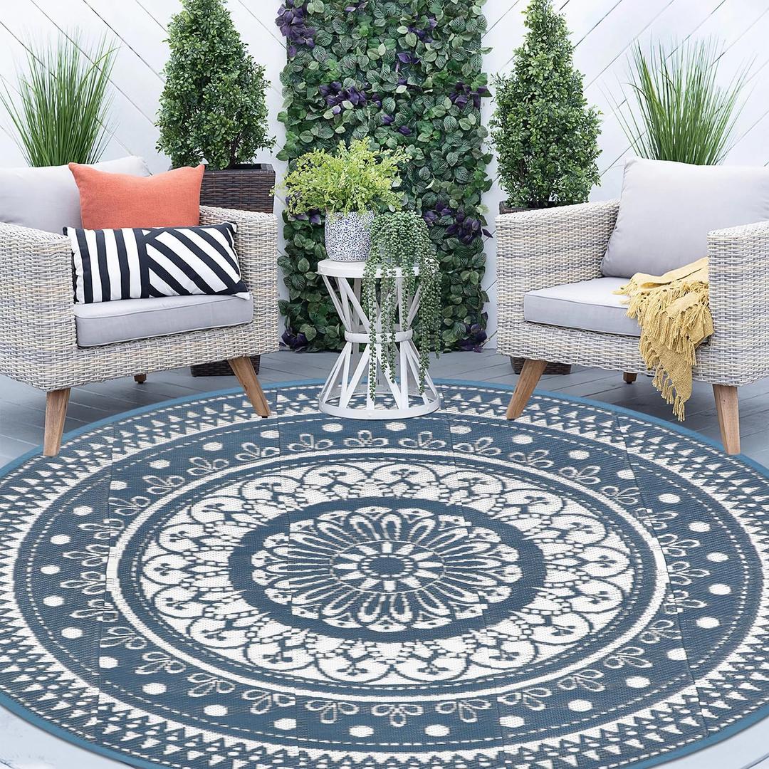 Cekene Round Outdoor Patio Rugs 8Ft Waterproof Reversible Outdoor Rugs with Carry Bags Lightweight Plastic Straw Rugs Portable RV Camping Mat Blue Floor Carpet for Deck Porch Picnic BBQ
