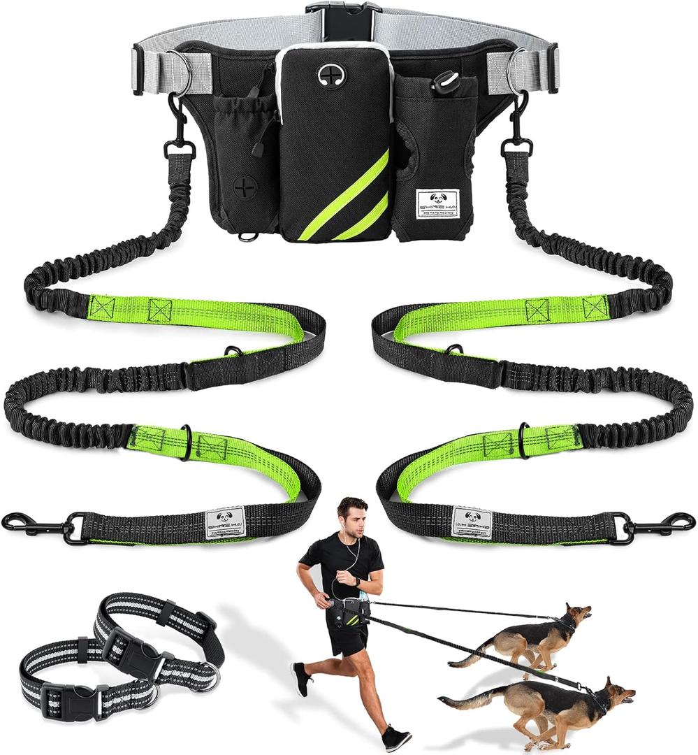 SHINE HAI Retractable Hands Free Dog Leash with Dual Bungees for 2 Dogs, Adjustable Waist Belt, Reflective Stitching Leash for Running Walking Hiking Jogging Biking Black - Green