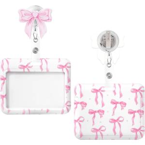 Id Badge Holder Horizontal with Pink Bow Badge Reel, Pink Bow Id Card Holder with Retractable Badge Clip, Cute Horizontal Name Tag Holders for Nurse Doctor Teacher Student