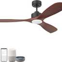 52 Wood Smart Ceiling Fans with Lights Remote,Quiet DC Motor,Outdoor Indoor Ceiling Fan,Voice Control via WIFI Alexa App,Dimmable,Modern Black Lighting& Ceiling Fan for Bedroom Patio Porch