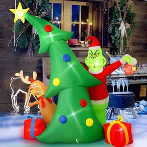 Hioasis 9FT Christmas Outdoor Inflatable Decoration - Tree with Xmas Green Monster, Dog & Gift Boxes with LED Lights, Merry Christmas Lawn Display Blow up for Front Yard Holiday Decor
