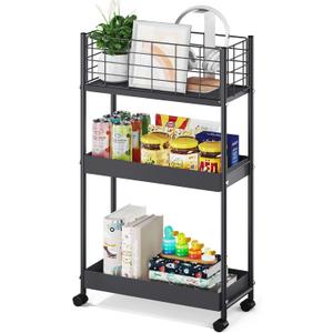 KINGRACK 3-Tier Metal Rolling Cart, Slim Storage Cart, Mobile Shelving Unit Trolley with Wheels, Bathroom Tier,Bathroom Organizer Utility for Laundry Room, Office, Narrow Place, Black
