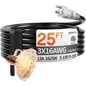 25 ft 16/3 Awg 3 Outlet Extension Cord Splitter with Indicator, Waterproof Outdoor Extension Cord with Multiple Outlets, 13A 1625W for Home & Workshop, ETL Listed, Black SJTW