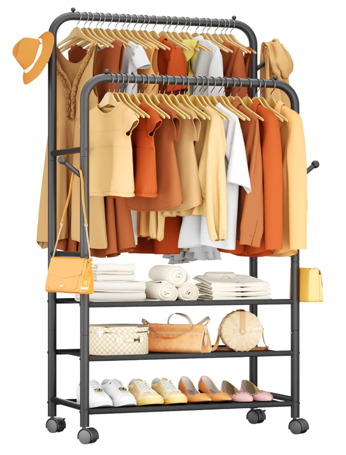 Furologee Clothes Racks for Hanging Clothes, Portable Rolling Garment Rack, Sturdy Metal Freestanding Cloths Racks with Wheels, Double Rods Wardrobe Rack for Bedroom Laundry Living Room