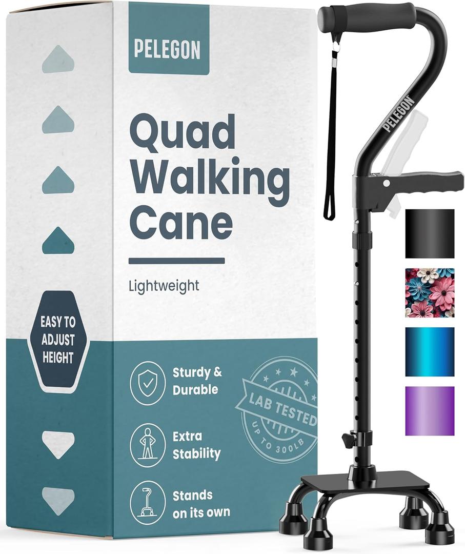 PELEGON Quad Cane (300LB) - Adjustable Walking Cane with A Large 4 Pronged Base for Extra Balance & Stability, Walking Canes for Seniors, Walking Cane for Men & Women, Walking Sticks, Black