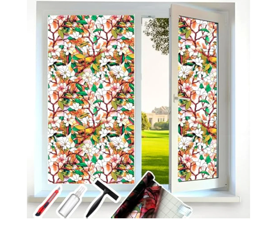 Stained Glass Window Privacy Film Decorative with Free Tools, Magnolia Privacy Window Film for Glass Windows, Frosted Glass Window Tint for Home, Window Covers Window Cling, 29.5 inch by 78.7 Inch