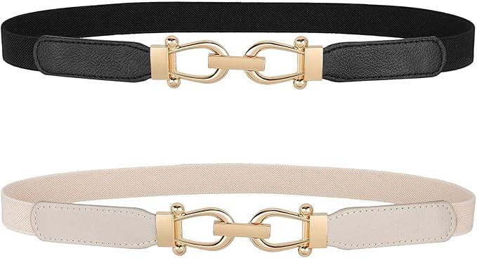 JASGOOD Women Skinny Elastic Belt for Dresses,Thin Retro Stretch Waist Belt with Golden Buckle  2 Pack C-black+beige