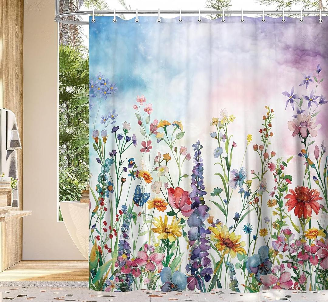 Farmhouse Rustic Boho Floral Shower Curtain, Colorful Watercolor Wildflower Flower Botanical Shower Curtain, Minimalist Aesthetic Floral Shower curtains for bathroom, with Hooks, 70X70IN(Colorful )
