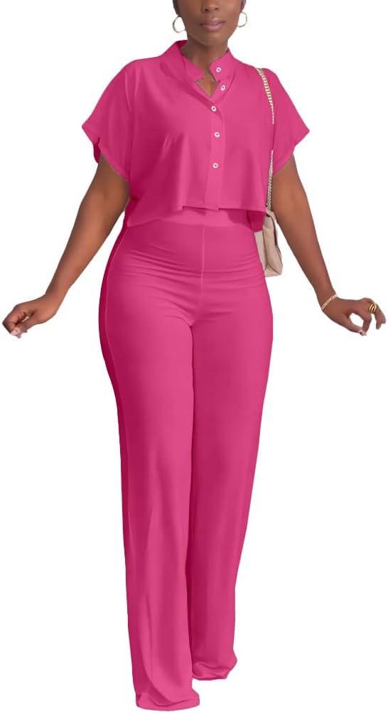 HBQ Women's Summer 2 Piece Outfits Casual Tracksuit Short Sleeve Button Down Crop Top Wide Leg Long Pant Lounge Sets (XX-Large)
