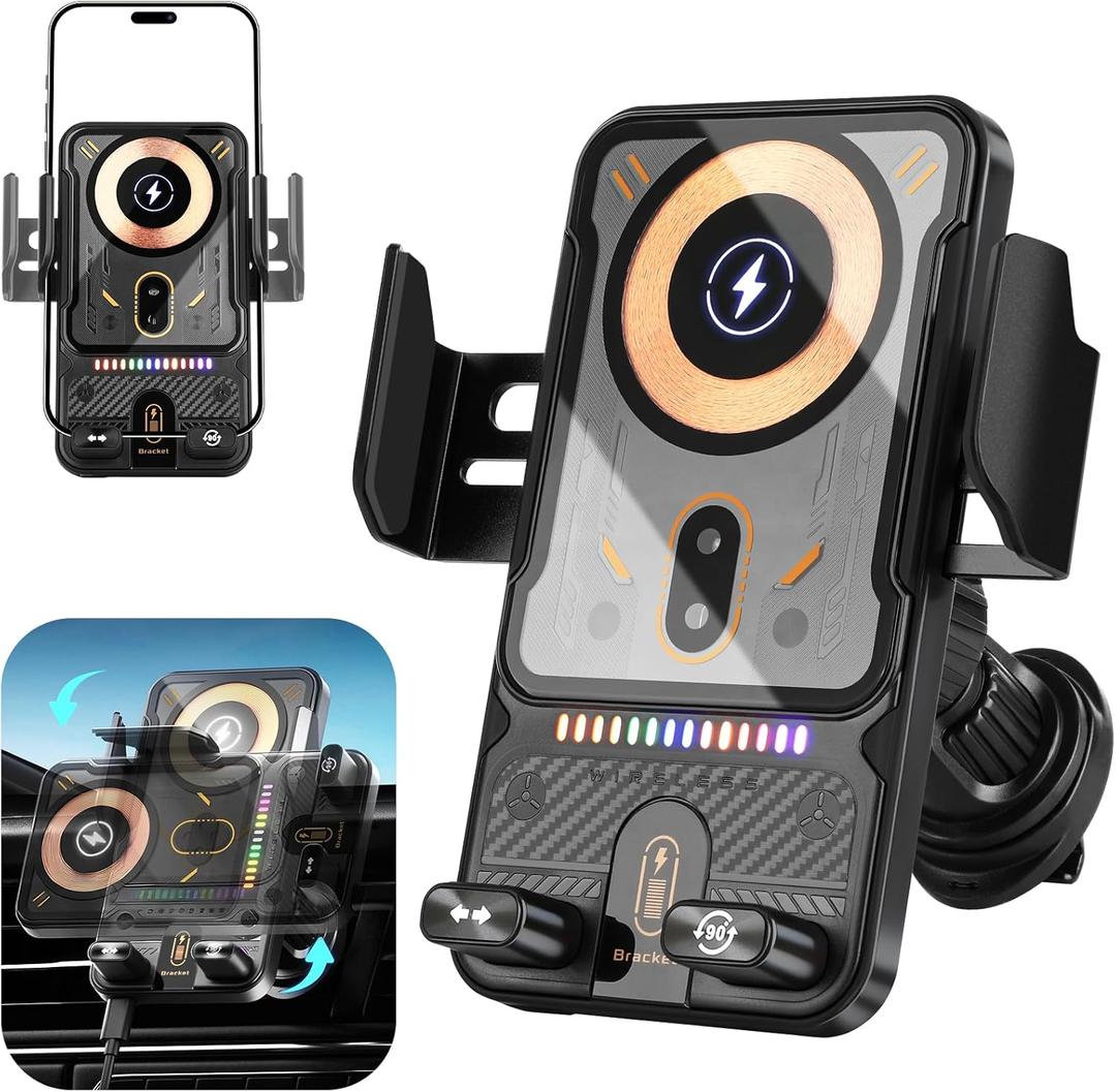 Car Phone Holder with 15W Wireless Car Charger, Car Vent Mount with Induction Opening and Closing, Air Vent Phone Stand with Horizontal and Vertical Screen Rotation Adjustment for iPhone - Black
