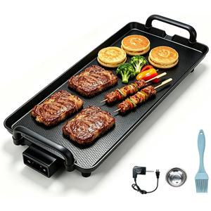 PineyPlace Electric Griddle for Bacon, Eggs, Pancake, Breakfast and Camping Grilling, 1400W NonStick Flat Top Indoor Grill, 5 Adjustable Temperatures, Dishwasher Safe, Black, 22.83 x10.24inches